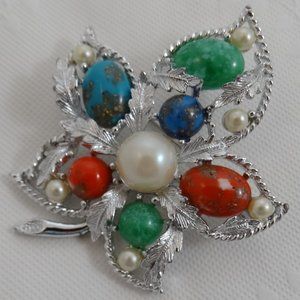 Vintage Silver Tone Leaf Speckle Multicolored Cabochons Faux Pearls Brooch Sign